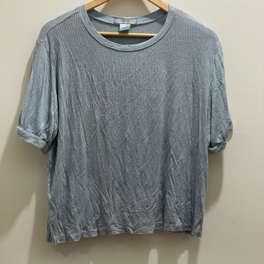 Good Luck Gem Womens XL Ribbed Short Sleeve Crew Neck Top Blue Grey